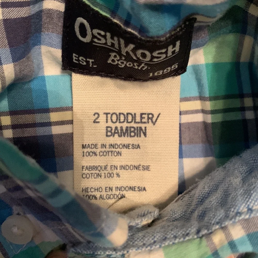 OshKosh B’gosh Boys 2T Green & Blue Plaid Button Down Shirt